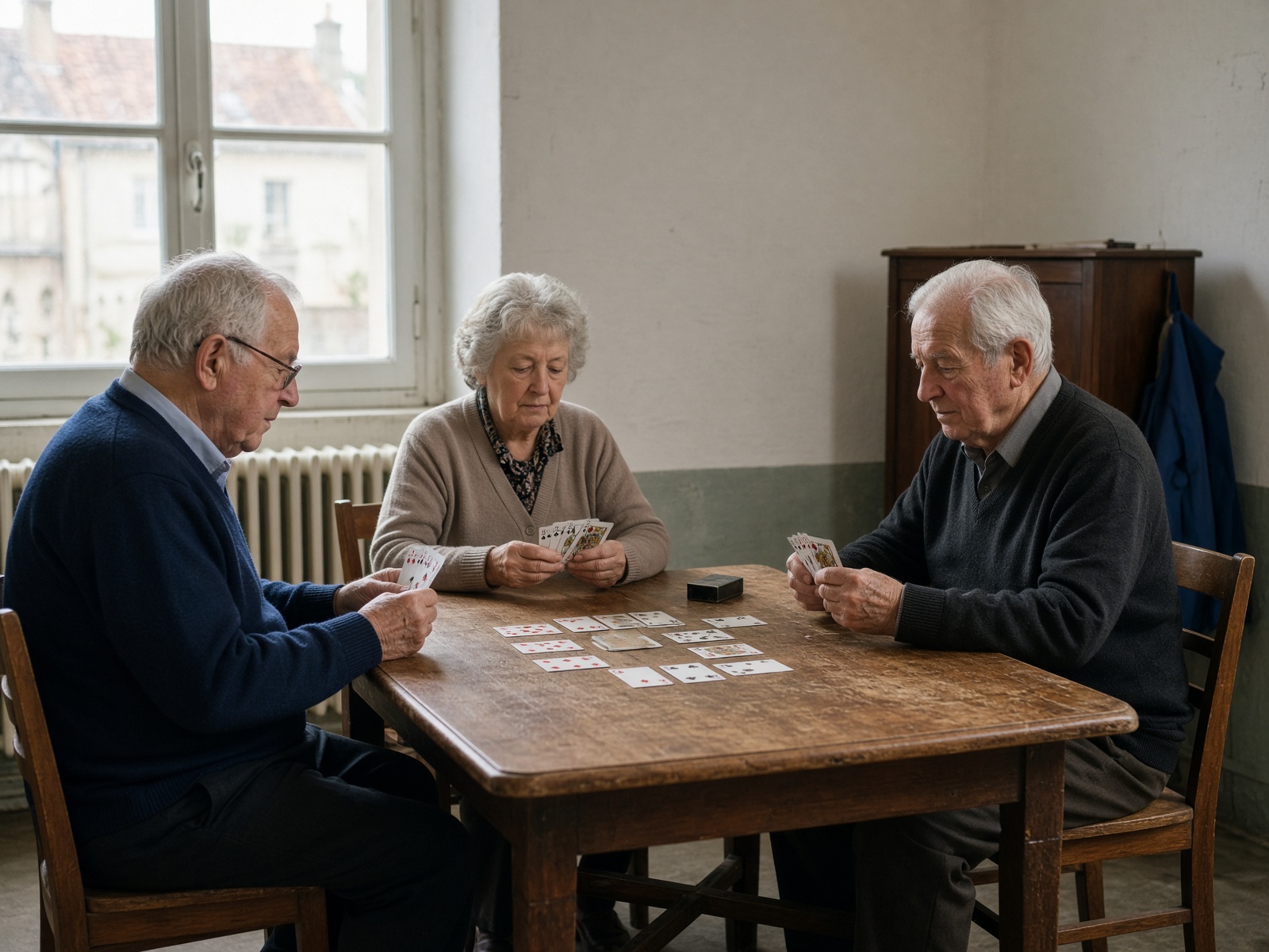 Trois personnes d’environ soixante-dix ans jouent aux cartes autour d’une table, dans une salle claire.